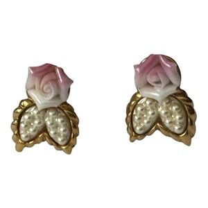 Avon 1991 Pink Porcelain Rose Blossom 1" Goldtone Stud Earrings